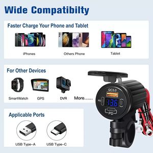 Chargeur USB pour guidon <span class=keywords><strong>de</strong></span> <span class=keywords><strong>moto</strong></span> avec voltmètre LED et interrupteur marche/arrêt, Dirt Bike Dual PD & QC3.0 USB 3 ports pour téléphone GPS - Product Image 6