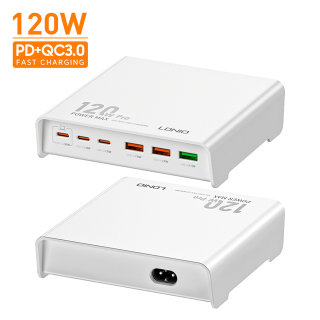 LDNIO Q605 GaN 120W Charger 6 Ports USB Type C PD Charger Quick Charge 3.0 USB Desktop Charger 120W for Smart Mobile Phone
