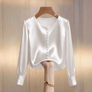 Camiseta Casual de Primavera para Mujer, Estilo Europeo y Americano, Cuello Redondo, <span class=keywords><strong>Manga</strong></span> <span class=keywords><strong>Larga</strong></span>, Tejido con Cuentas, Color Sólido - Product Image 4