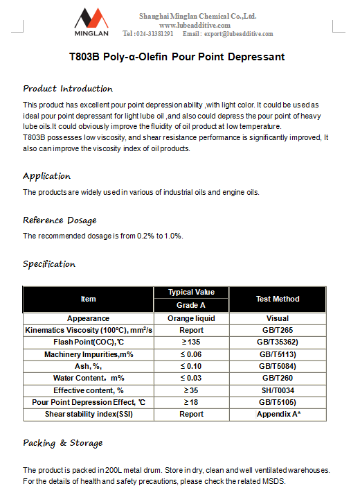 T 803B polyalphaoléfine Dépresseur de Point d'écoulement Pour huiles industrielles