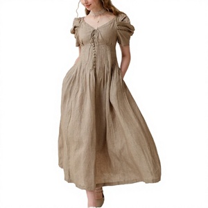 Vestido Maxi de Lino y Algodón con Chifón, Cuello en V, Manga Corta, Corte Ajustado y Acampanado, Estilo Bohemio Casual de Verano, con Bolsillos, Transpirable, Vintage, Lindo, Dulce, con Cremalleras - Product Image 3