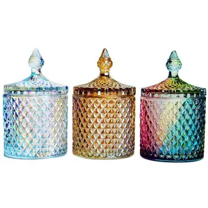 Wholesale Diamond Faceted Crystal Glass Candy Jar Colorful Iridescent Decorative Geo Cut Candle Jars Glass For Candle Making