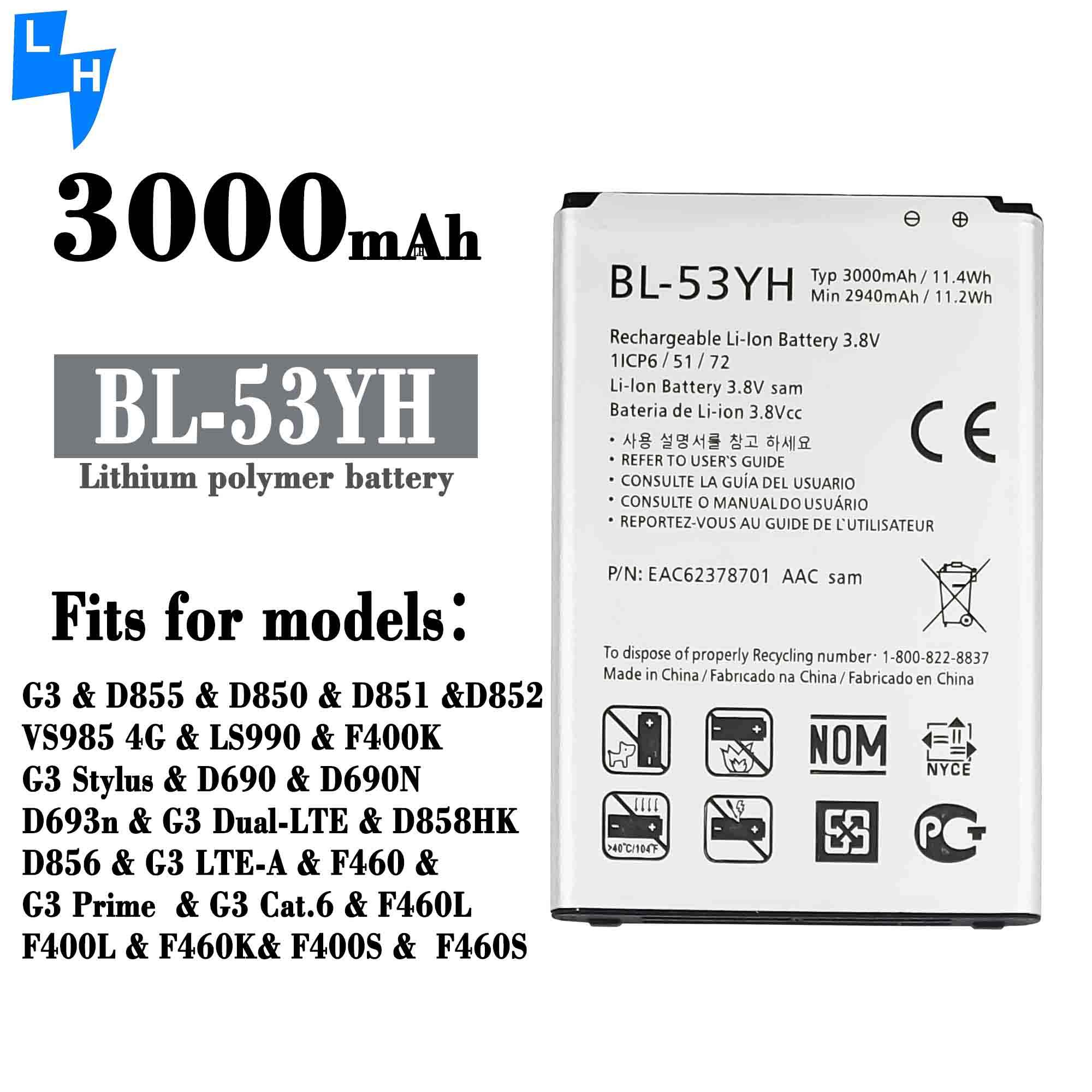 Original Replacement Li-ion Polymer Battery BL-53YH for LG G3 VS985 F400  Mobile Phone Battery