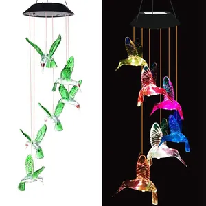 Campanas de viento solar de pájaro que cambian de Color verde claro impermeable colibrí campanas de viento solares luces para decoración de jardín exterior