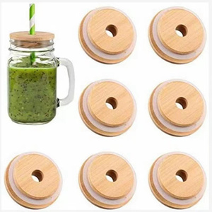 Mason Jar nắp chai tre <span class=keywords><strong>cap</strong></span> với silicon con dấu cho Mason Jar 70 mét 86 Mét với rơm lỗ - Product Image 3