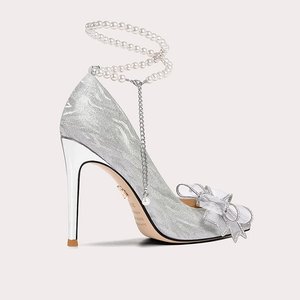 OEM/ODM büyük boy gümüş kadın kayma-on nedime düğün topuklu sivri içi boş sandalet rahat - Product Image 2