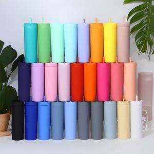 Custom Logo Double Wall Party Plastic Mug Reusable Matte Pastel Colored 16Oz Skinny Acrylic Cup Tumbler With Lid and Straw - Product Image 1