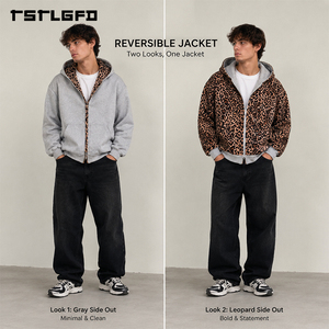 Sweat à capuche réversible imprimé léopard gris, coupe et couture, épais, double face, zippé, style streetwear, vente en gros - Product Image 2
