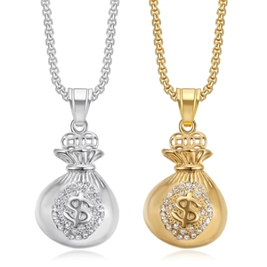 Colares de Joias de Moda Hip Hop Unissex com Pingente Bolsa de Dinheiro USD Cravejado com Zircônias, em Aço Inoxidável à Prova d'Água e Não Manchável, Atacado - Product Image 1