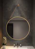 Miroir de salle de bain LED rond décoratif personnalisé avec rétroéclairage, commande tactile, réglable, suspendu, avec cadre doré et sangle en cuir