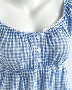 Blue and <b>White</b> Gingham Peplum Women Blouse Square Neck Puff Short Sleeve Button Front Summer Shirt - Product Image 5