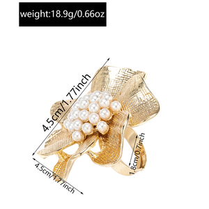 Bague en alliage d'or avec fleurs empilées irrégulières et perles imitées, tendance pour femme, accessoire de fête réglable - Product Image 4