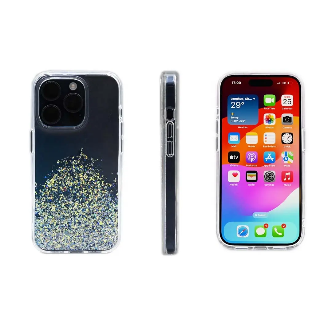 Capa de epóxi para celular inteligente glitter flash em pó à prova de choque para iPhone 15 Série 14