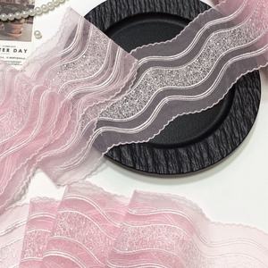 Tela de encaje rosa y blanca con bordado de malla ondulada bilateral ecológica, accesorios de luz puntual para decoración de ropa DIY con cuentas - Product Image 3