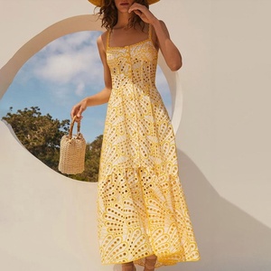 Elegante abito ricamato Slim Fit senza maniche Modulare dolce cinturino leggero di lusso in Chiffon di <span class=keywords><strong>cotone</strong></span> grande lunghezza del pavimento con tessuto intrecciato - Product Image 1