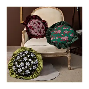 Queeneo American Affordable Luxury Jacquard Embroidery Ruffled Flower Round Cushion Cover Retro Removable Washable Pillow Cover