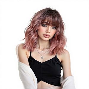 Perruques synthétiques courtes bouclées de haute qualité, résistantes à la chaleur, <span class=keywords><strong>avec</strong></span> <span class=keywords><strong>frange</strong></span>, rose, marron, orange, pour femmes, vente en gros - Product Image 3