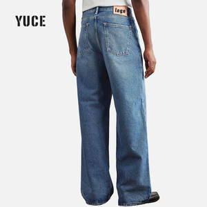 थोक पुरुषों के अनुकूलित लोगो ओएम विंटेज वॉश चौड़े पैर सीधे जींस ढीली फिट भारी डेनिम बैगी जींस - Product Image 4