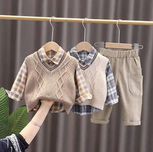 Ensemble de veste décontracté<span class=keywords><strong>e</strong></span> à rayures pour enfants, pull <span class=keywords><strong>en</strong></span> tricot pour bébé, cardigan pour garçon, vêtements trois pièces pour le printemps et l'automne - Product Image 1