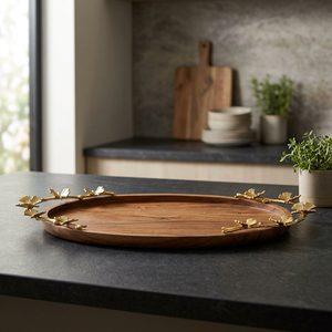Bandeja Decorativa Ovalada de Madera Ecológica de Lujo con Asas Grabadas, Hecha a Mano, Apta para Lavavajillas y Microondas, Pulida - Product Image 1