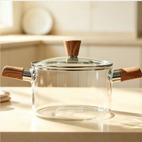 Casserole en verre borosilicate de haute qualité avec deux poignées en bois et couvercle, résistante à la chaleur, pour cuisinière à gaz et électrique