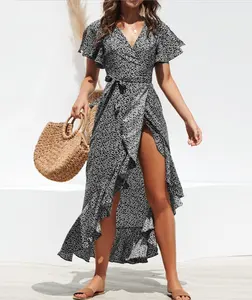 인기 제품 우아한 레트로 짧은 소매 높은 허리 벨트 맥시 폴카 도트 캐주얼 드레스