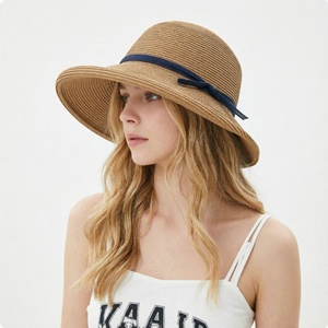 Wholesale Vintage Elegant Foldable Cloche Straw <b>Hat</b> for Women Custom Logo UV Protection Packable <b>Sun</b> Beach Cap with Bow - Product Image 3