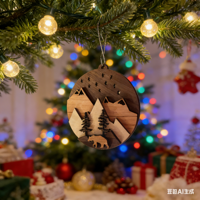 Ornement de Noël personnalisé en bois 3D superbe, avec scène de montagne, ours, cerf, loup, service de découpe laser