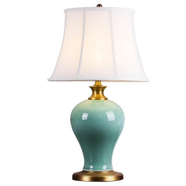 Chinese Factory Blue Green Glaze Craft Table Lamp Modern Ceramic Table Lamp With Copper Base