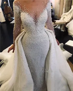 FA191 Luxury Full <strong>Pearl</strong> Beaded Mermaid Wedding <strong>Dresses</strong> <strong>With</strong> Detachable Train Vintage Long Sleeves Saudi Arabic Plus Size Bridal - Product Image 1