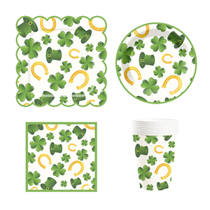 Décorations de fête de la Saint-Patrick DAMAI, ensembles de vaisselle jetable, assiettes, serviettes et gobelets à motif trèfle à quatre feuilles - Product Image 1