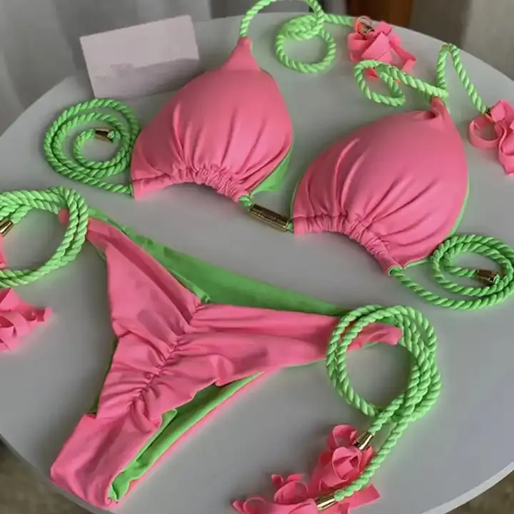 Pakaian mandi segitiga seksi baru untuk wanita pakaian renang Halter Bikini Brasil baju renang Push Up Set Bikini pantai rantai logam