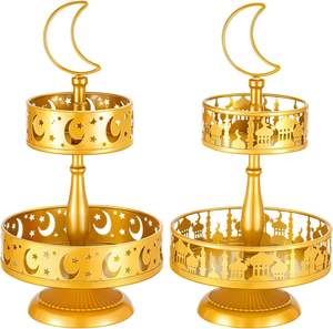 Bandeja Metálica Decorativa para Eid Mubarak, Soporte para Pastel Dorado, Bandejas Decorativas para Ramadán, Soporte para Cupcakes, Bandeja de Dos Niveles para Galletas - Product Image 1
