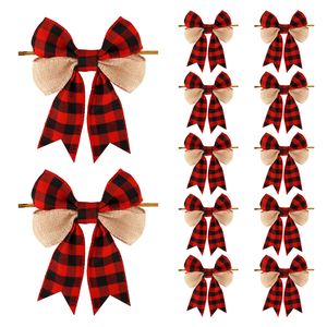 Lazos a cuadros rojos, lazos de regalo a cuadros de Navidad, lazos prefabricados de Navidad, coronas de arpillera de Búfalo, lazos, adorno para árbol de Navidad - Product Image 1