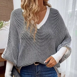 Women's Fall/Winter New Arrival Loose-Fit Knit Striped V-Neck Batwing Sleeve Patchwork <b>Pullover</b> <b>Sweater</b> Fashion - Product Image 3