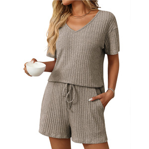 Conjunto de 2 Piezas de Verano, Unisex, Casual, Ecológico, Transpirable, Cuello en V, Midi, Shorts, Color Sólido, Manga Corta Acanalado - Product Image 3