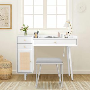 OEM/ODM avec port USB Commodes à 3 tiroirs, rangement, table de courtoisie en bois de rotin, bureau d'ordinateur, vanité de maquillage en bois multifonctionnelle - Product Image 3