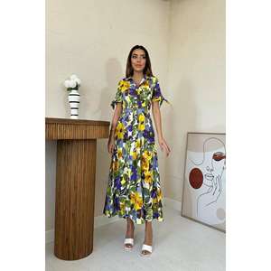 Vestido Largo Plisado con Estampado Floral, Cuello Redondo, Cintura Natural, Tejido Transpirable, para Uso Diario Informal - Product Image 4