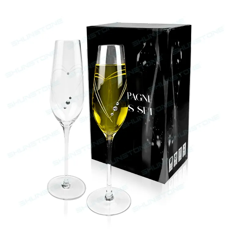 Custom Champagne Glasses Hearts Pattern Decorated Sparkle Diamond Champagne Flute Glasses Set For Wedding Restaurant