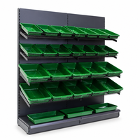 Zware-duty fruit- en groentepresentatie rek met groene bakken + antracietkleurig frame, 5-laags schuin draadrek, zwaartekracht-aangedreven, vrijstaand, voor supermarkten