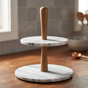 Support de service à 2 niveaux en marbre et bois moderne, magnifique présentoir idéal pour les maisons, les célébrations, la mise en scène de table et les cadeaux - Product Image 1