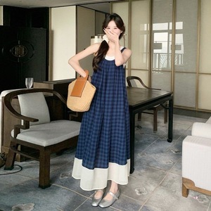 Blue Plaid Sleeveless Dress Women Elastic Waist Spaghetti Strap Contrast Color Leisure Casual Long Dress - Product Image 3