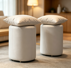 Tabouret de maquillage minimaliste en cuir PU blanc crème, dossier incurvé, poignée à anneau, rangement cylindrique dissimulé - Product Image 3