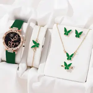 YuSa254 로즈 골드 은색 도금 스테인레스 스틸 보석 나비 목걸이 여성용 석영 시계 선물 세트 선물 선물