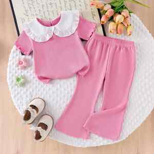 Completo estivo da bambina con colletto a bambola, maniche corte e pantaloni a zampa, due pezzi, grazioso ed elegante outfit per neonata - Product Image 2