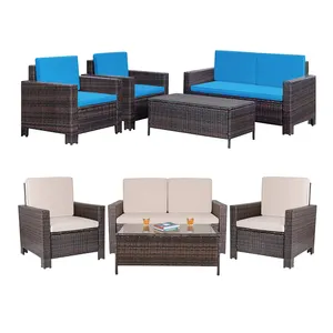 Conjunto de muebles para Patio al aire libre, muebles seccionales de mimbre para todo tipo de clima, mesa de vidrio templado, conjunto de conversación