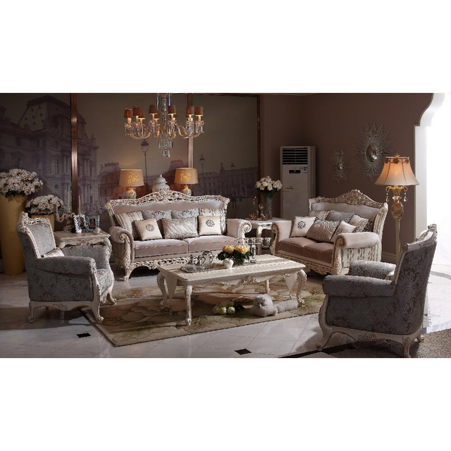 Antique Finish European Palace Classic Wooden 1+2+3 Seater Sofa Set Vintage Living Room Decor Fabric Couch for High End Resort