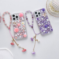 Étui de téléphone de luxe antichoc et étanche en TPU+PC avec strass, perles et fleurs, avec cordon pour