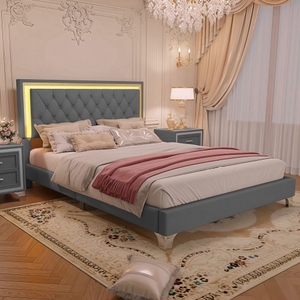 Modern Luxurious PU Leather Platform <b>Bed</b> with Tufted Headboard <b>Queen</b> <b>Size</b> Upholstered <b>Bed</b> Frame with LED Lights - Product Image 1
