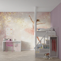 Papier peint personnalisé pour chambre d'enfant, motif ballerine, non tissé, respirant, nuages roses et étoiles dorées, pour chambre de bébé et chambre d'enfant
